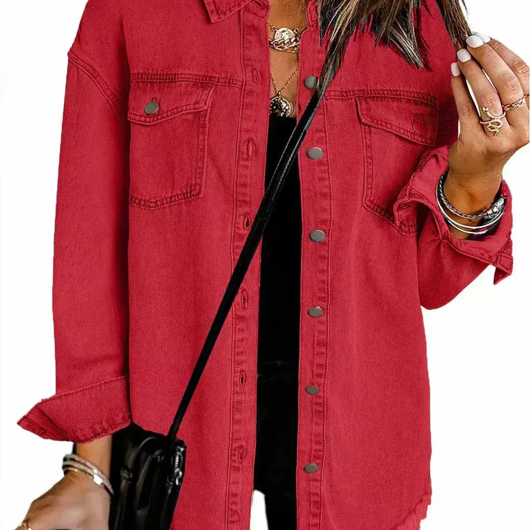 Giacca in denim da donna – Vestibilità rilassata – Orlo sfrangiato – Bottoni in metallo