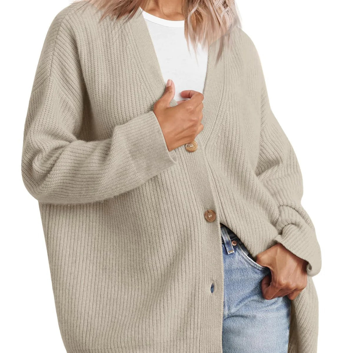 Cardigan da donna – Vestibilità oversize – Maglia a coste – Bottoni sul davanti – Scollo a V
