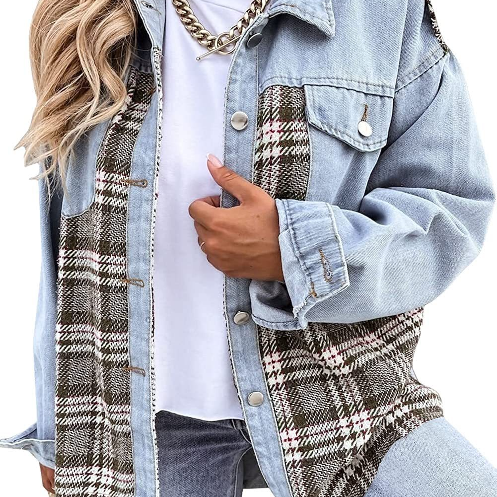 Giacca in denim da donna – Vestibilità rilassata – Dettaglio a quadri – Maniche lunghe