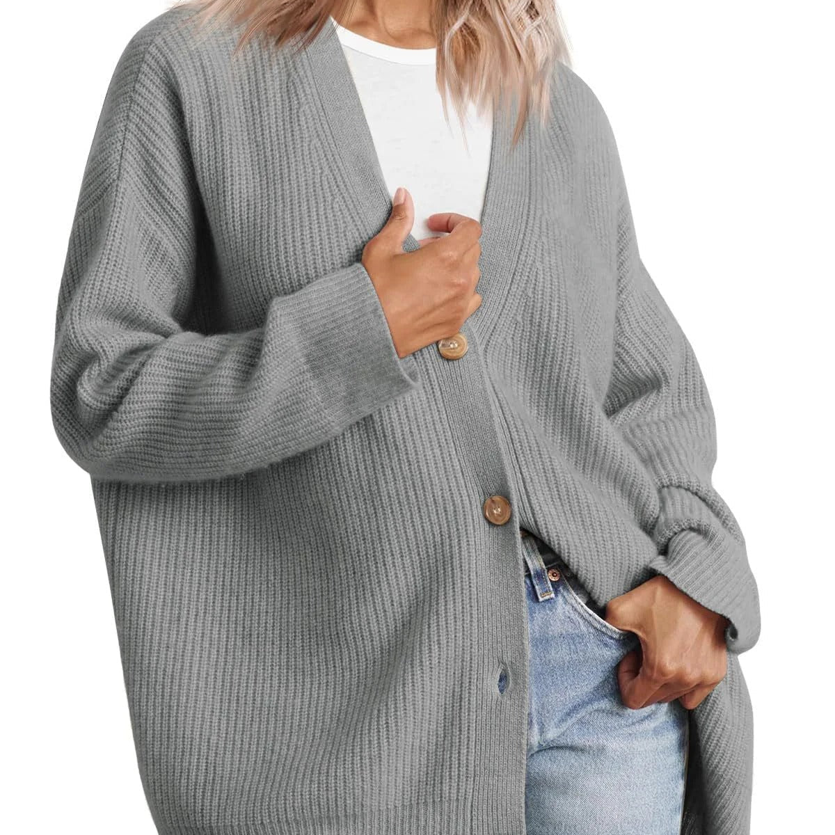 Cardigan da donna – Vestibilità oversize – Maglia a coste – Bottoni sul davanti – Scollo a V