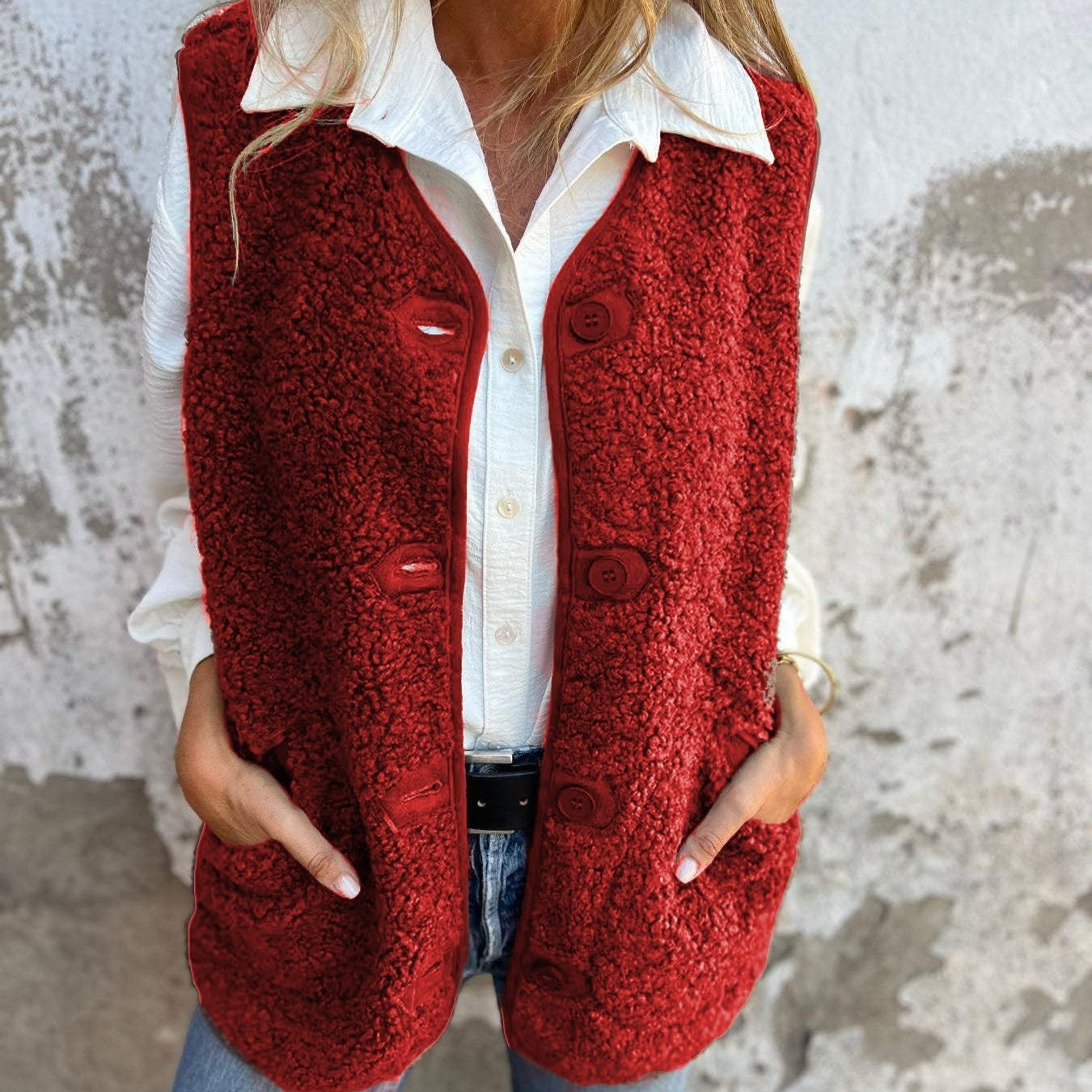 Cardigan da donna – Vestibilità rilassata – Pile effetto pelle di pecora – Bottoni sul davanti