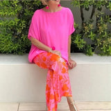 Pantaloni da donna a gamba larga – Vestibilità rilassata – Stampa floreale – Tessuto leggero e traspirante