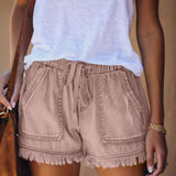 Pantaloncini in denim da donna – Vestibilità rilassata – Vita elasticizzata con coulisse – Orlo sfrangiato