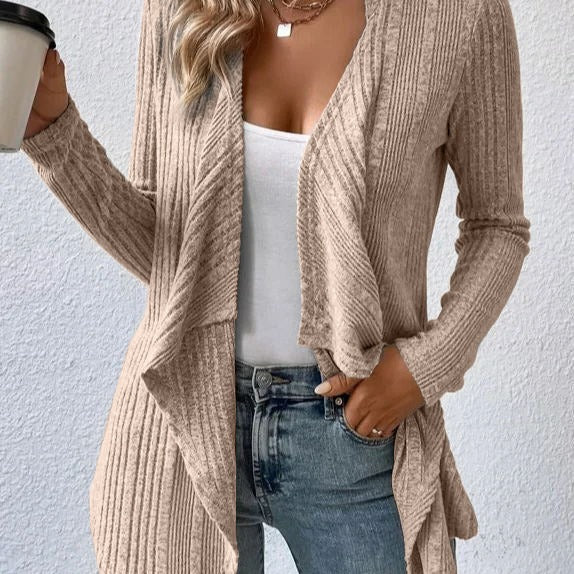 Cardigan lungo da donna – Vestibilità comoda – Maglia a coste – Parte anteriore aperta e fluida