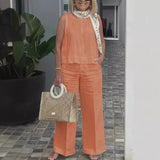 Completo canotta e pantaloni da donna – Vestibilità ampia – Lino e cotone – Gamba larga