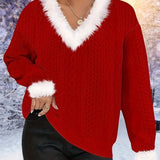 Felpa da donna - Maglia morbida - Scollo a V - Maniche lunghe - Rifiniture in pelliccia sintetica