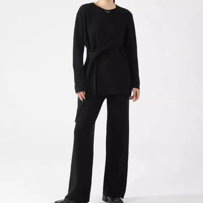 Completo due pezzi da donna – Maglia a coste – Vestibilità rilassata – Maglione asimmetrico