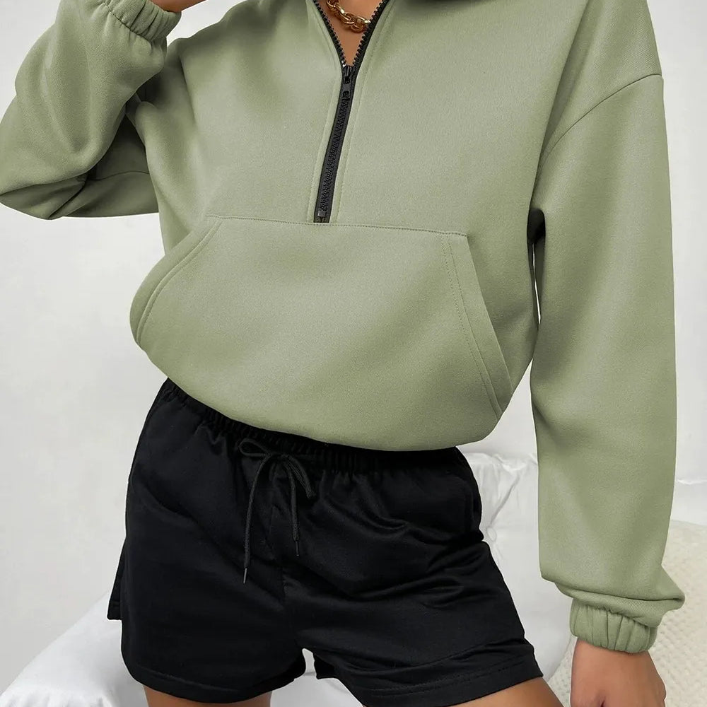 Felpa da donna – Vestibilità comoda – Pile morbido – Collo alto con cerniera – Tasca a marsupio