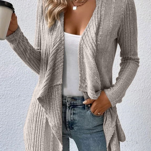 Cardigan lungo da donna – Vestibilità comoda – Maglia a coste – Parte anteriore aperta e fluida