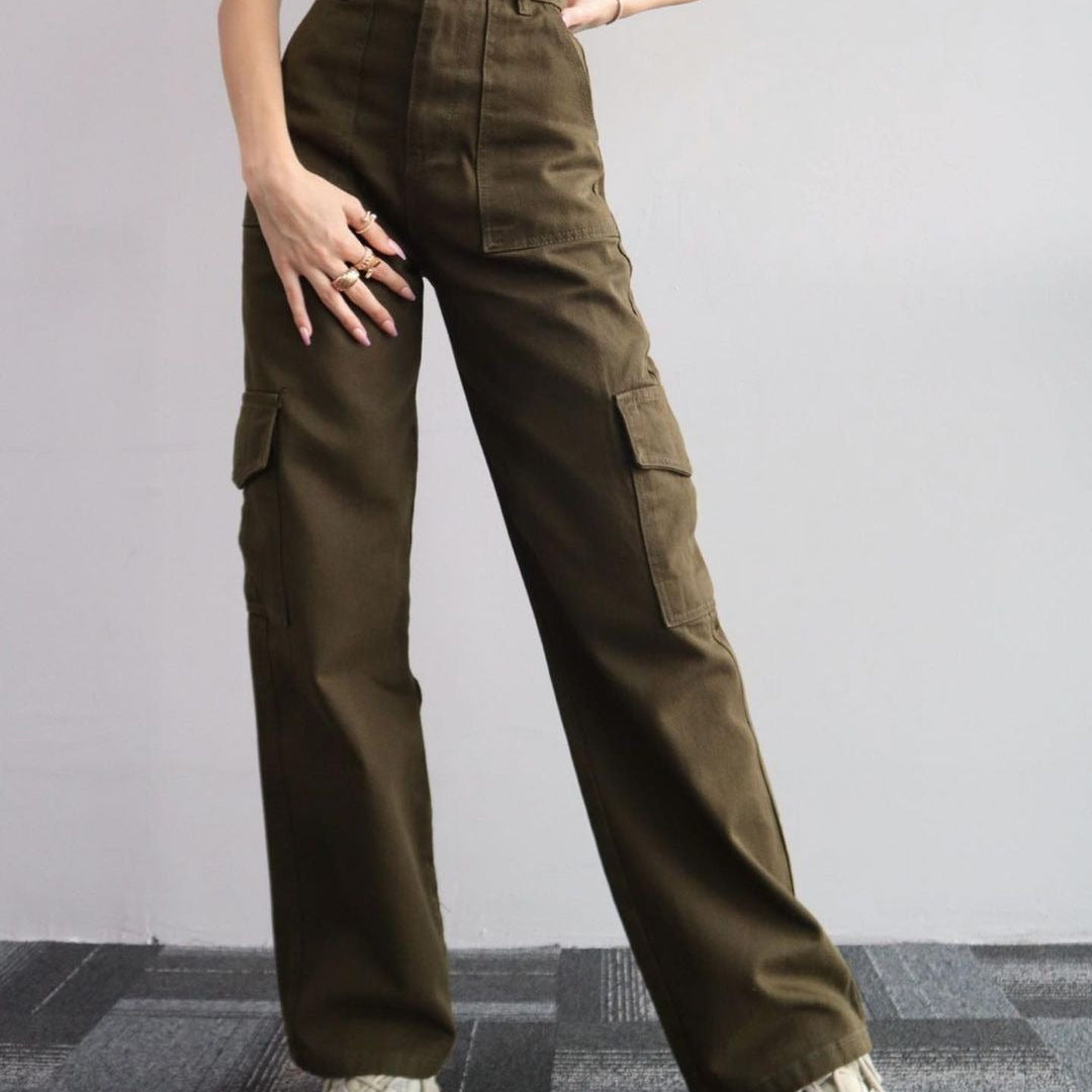 Pantaloni da donna - Cotone - Vita alta - Vestibilità comoda - Gamba dritta - Tasche cargo