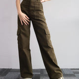 Pantaloni da donna - Cotone - Vita alta - Vestibilità comoda - Gamba dritta - Tasche cargo