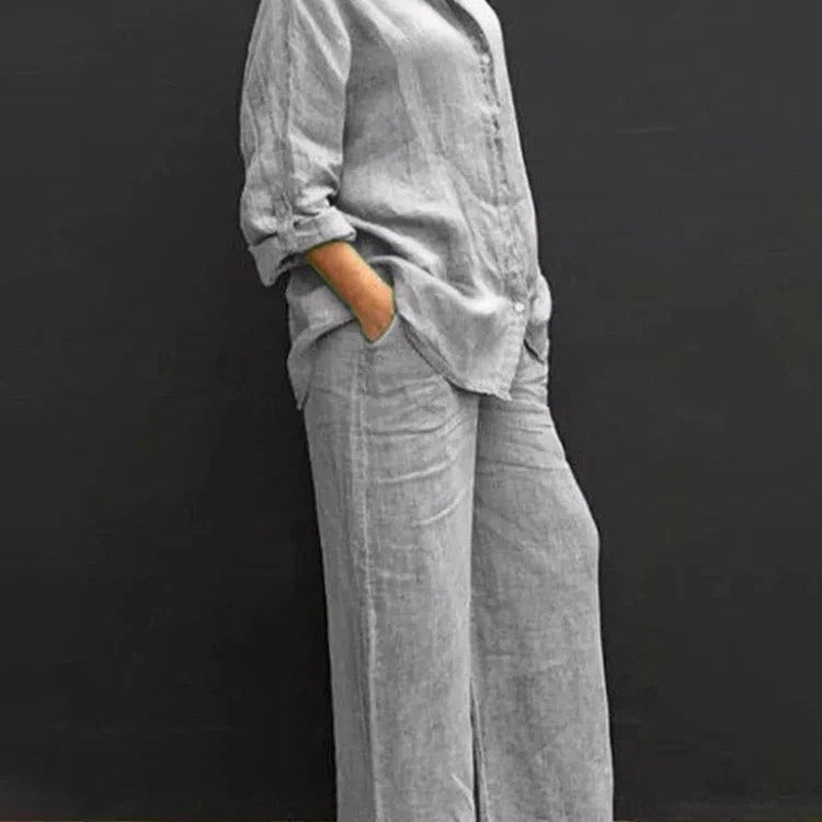 Completo da donna – Lino – Vestibilità rilassata – Camicia con bottoni – Pantaloni a gamba larga