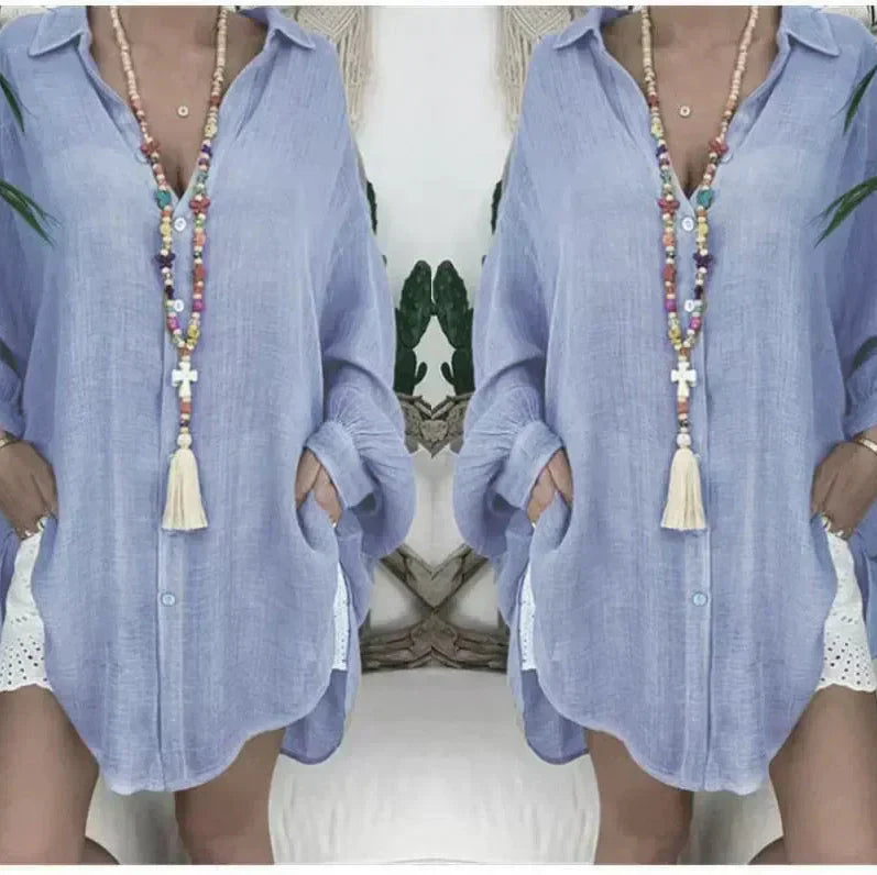 Camicetta da donna – Vestibilità oversize – Maniche lunghe – Abbottonatura – In lino di cotone leggero