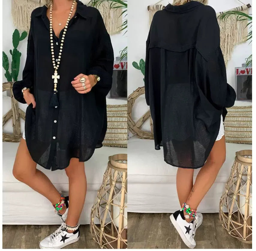 Camicetta da donna – Vestibilità oversize – Maniche lunghe – Abbottonatura – In lino di cotone leggero