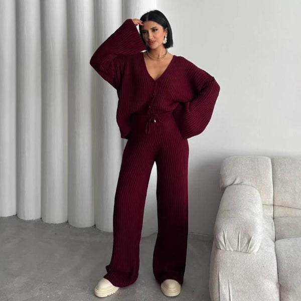 Completo da casa da donna – Maglia a coste – Vestibilità oversize – Top con bottoni sul davanti e maniche ampie