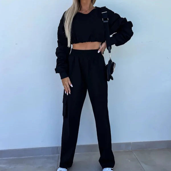 Felpa corta da donna – Vestibilità rilassata – Maglia morbida – Maniche lunghe e scese