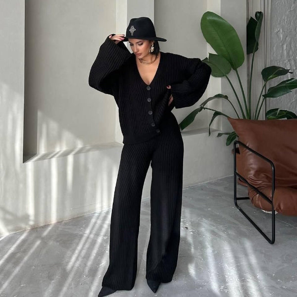 Completo da casa da donna – Maglia a coste – Vestibilità oversize – Top con bottoni sul davanti e maniche ampie