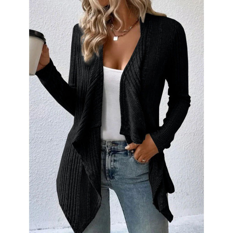 Cardigan lungo da donna – Vestibilità comoda – Maglia a coste – Parte anteriore aperta e fluida
