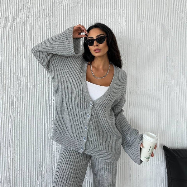 Completo da casa da donna – Maglia a coste – Vestibilità oversize – Top con bottoni sul davanti e maniche ampie