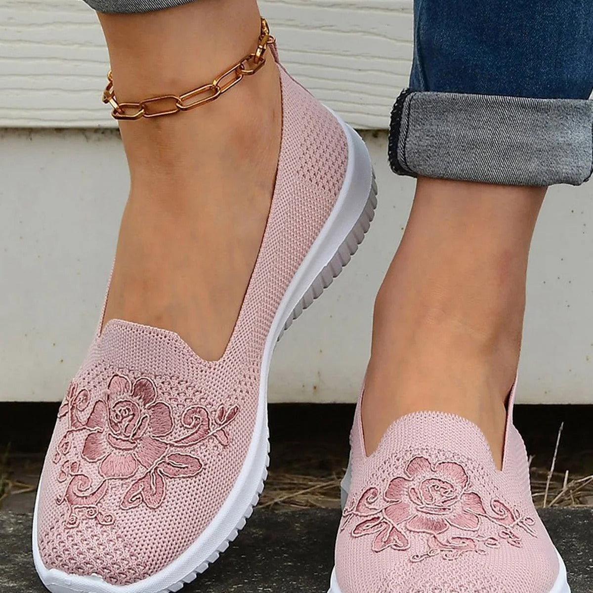 Sneakers slip-on da donna – Rete traspirante – Ricamo floreale – Comfort casual
