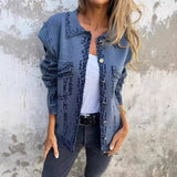 Giacca in denim da donna – Vestibilità oversize – Patchwork – Bottoni – Tasche anteriori