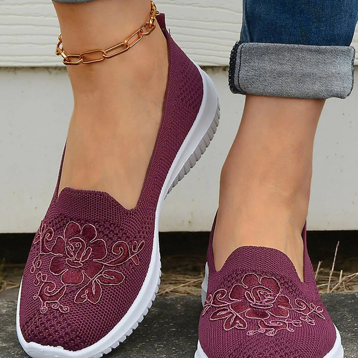 Sneakers slip-on da donna – Rete traspirante – Ricamo floreale – Comfort casual