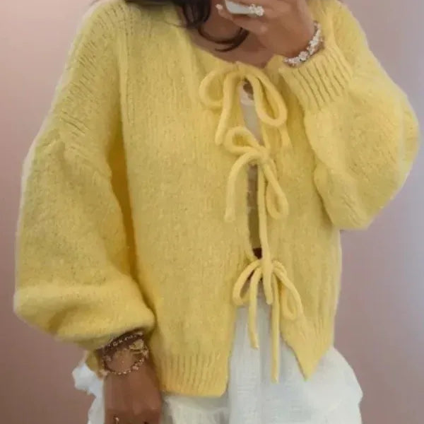 Cardigan da donna – Vestibilità oversize – Lana morbida – Maniche a palloncino – Nodi bohémien