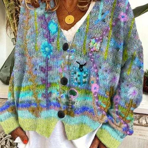 Cardigan da donna – Vestibilità oversize – Maglia grossa – Stampe artistiche – Abbottonato