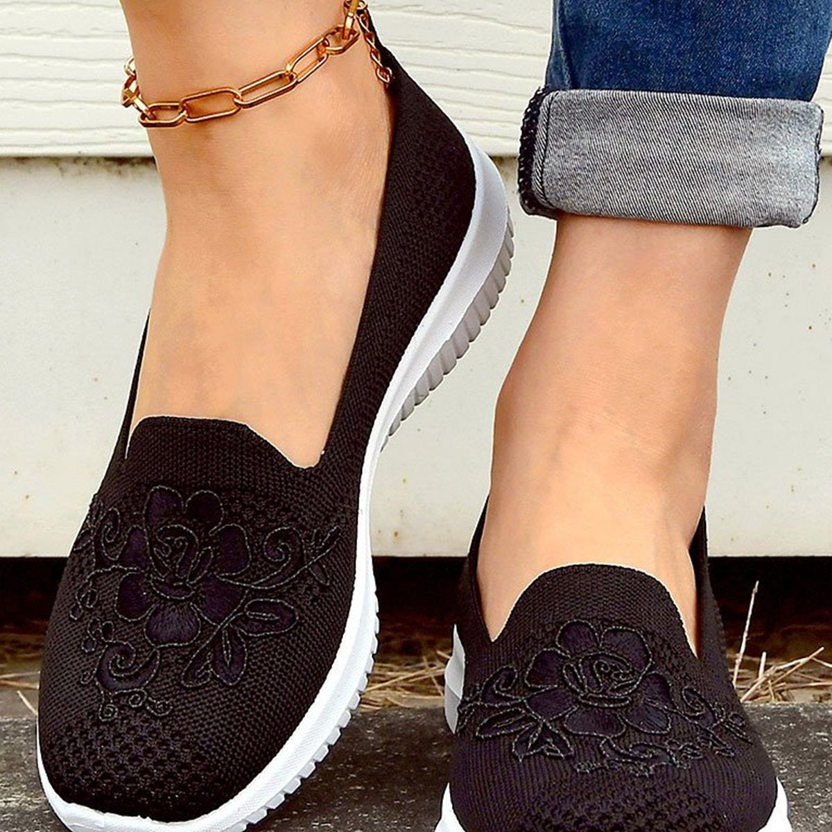 Sneakers slip-on da donna – Rete traspirante – Ricamo floreale – Comfort casual