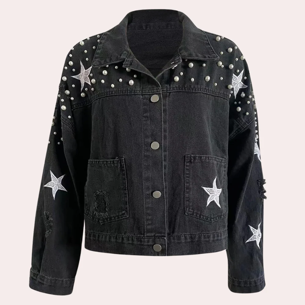 Giacca in denim da donna – Vestibilità oversize – Stile used – Borchie e motivi a stella