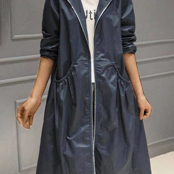 Trench da donna – Impermeabile con cappuccio – Taglio dritto – Lunghezza al ginocchio – Stile casual