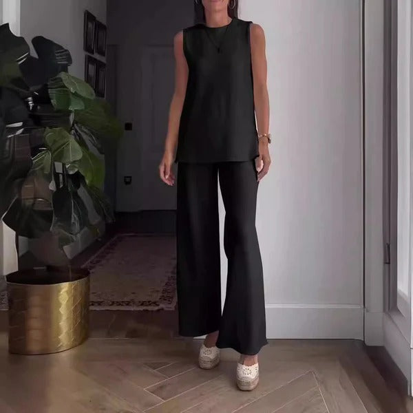 Completo da donna con camicetta senza maniche e pantaloni palazzo – Vestibilità comoda – Cotone morbido