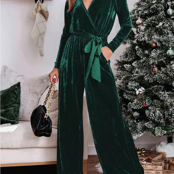 Tuta da donna – Taglio aderente – Morbido velluto – Maniche lunghe – Scollo a V