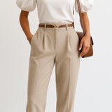 Pantaloni da donna - Tessuto intrecciato - Vita alta - Piega anteriore - Cintura sottile