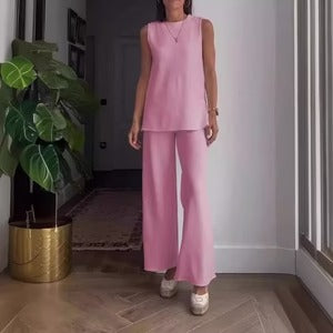 Completo da donna con camicetta senza maniche e pantaloni palazzo – Vestibilità comoda – Cotone morbido