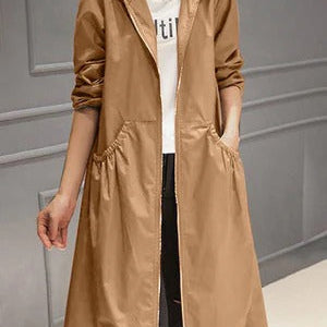Trench da donna – Impermeabile con cappuccio – Taglio dritto – Lunghezza al ginocchio – Stile casual