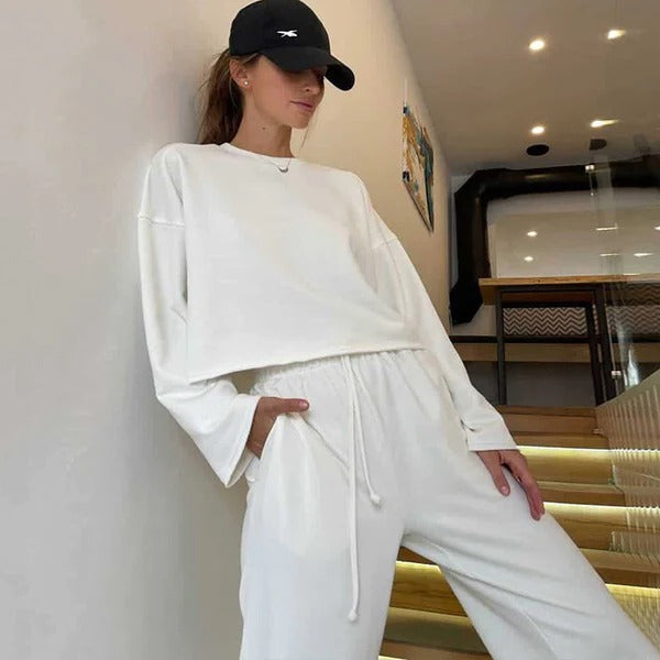 Completo sportivo da donna – Top corto a maniche lunghe – Pantaloni con elastico in vita