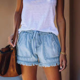 Pantaloncini in denim da donna – Vestibilità rilassata – Vita elasticizzata con coulisse – Orlo sfrangiato