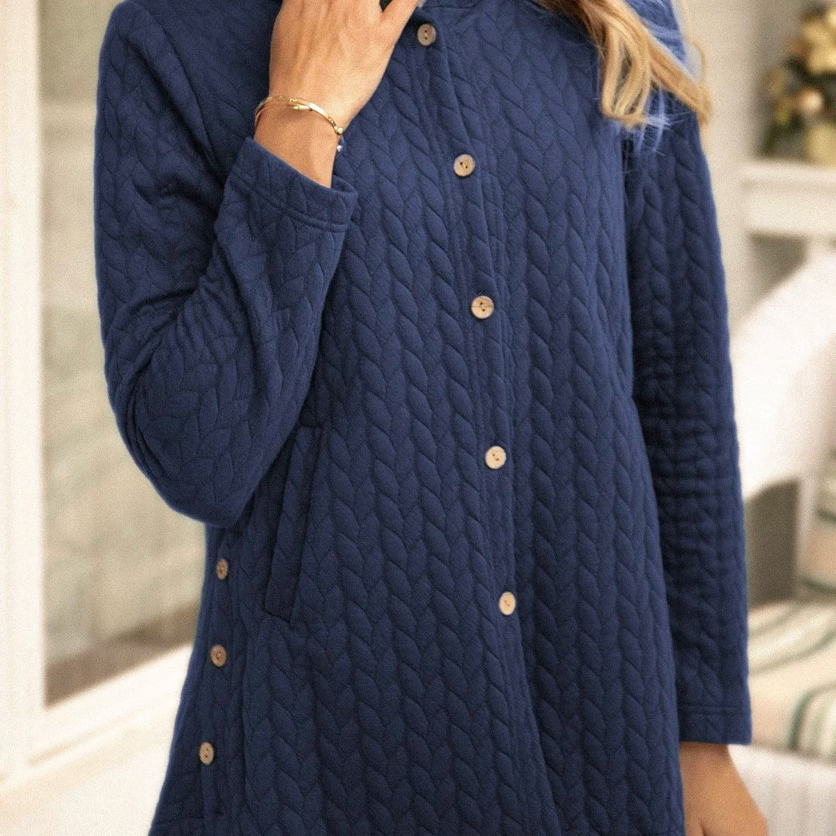 Felpa trapuntata da donna – Vestibilità comoda – Con cappuccio – Casual con bottoni di media lunghezza