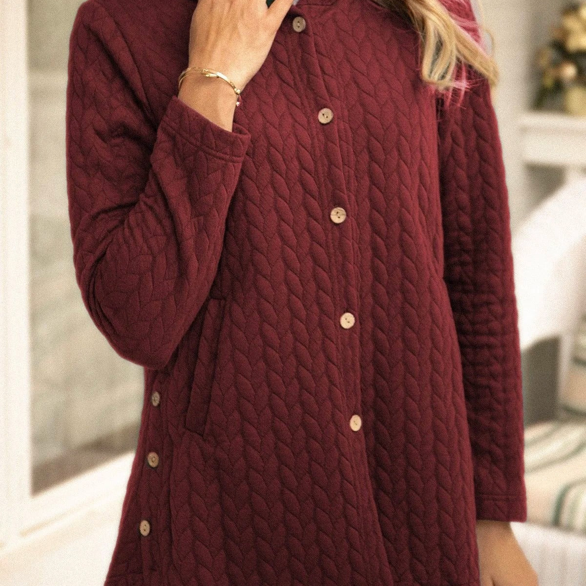 Felpa trapuntata da donna – Vestibilità comoda – Con cappuccio – Casual con bottoni di media lunghezza