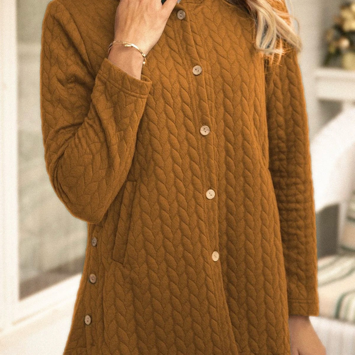 Felpa trapuntata da donna – Vestibilità comoda – Con cappuccio – Casual con bottoni di media lunghezza