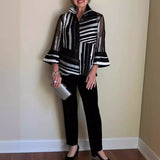 Camicetta da donna – Vestibilità rilassata – Maniche lunghe svasate – Voile leggero a righe