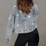 Giacca in denim da donna – Vestibilità oversize – Stile used – Borchie e motivi a stella