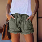 Pantaloncini in denim da donna – Vestibilità rilassata – Vita elasticizzata con coulisse – Orlo sfrangiato
