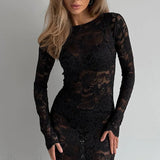 Abito lungo a sirena con maniche lunghe in pizzo trasparente jacquard