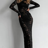 Abito lungo a sirena con maniche lunghe in pizzo trasparente jacquard