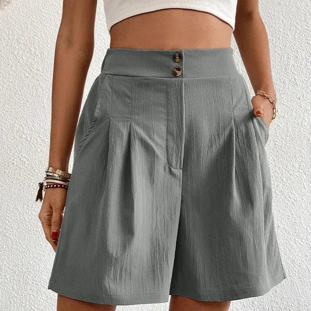 Pantaloncini da donna a vita alta - Taglio elegante - Cintura con bottoni - Tasche laterali