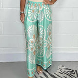 Pantaloni palazzo da donna - Vita alta - Larghi e fluidi - Stampa elegante - Coulisse regolabile
