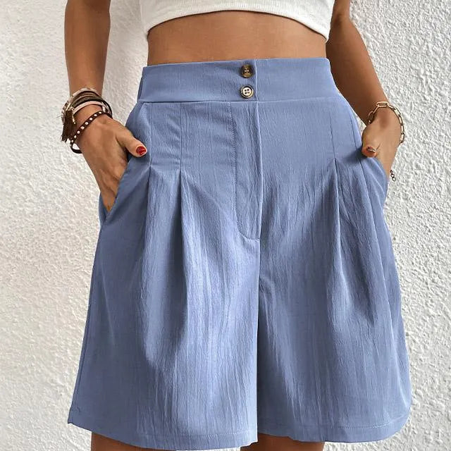 Pantaloncini da donna - Vita alta - Vestibilità ampia e fluida - Eleganti bottoni - Con tasche