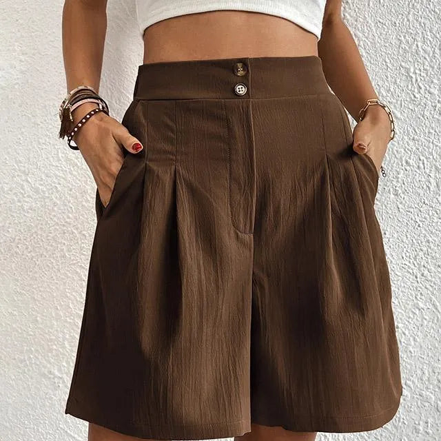 Pantaloncini da donna a vita alta - Taglio elegante - Cintura con bottoni - Tasche laterali